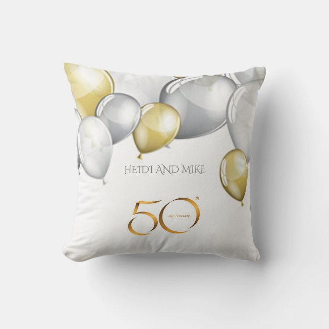 Silver/gold 50th anniversary throw pillow. "NAME' Cushion (Front)