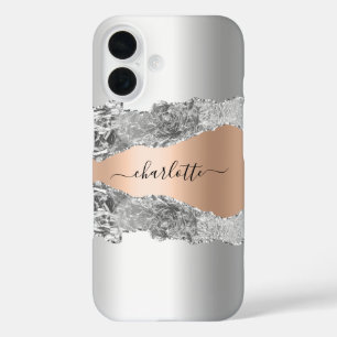 Silver gold agate marble name script iPhone 16 case