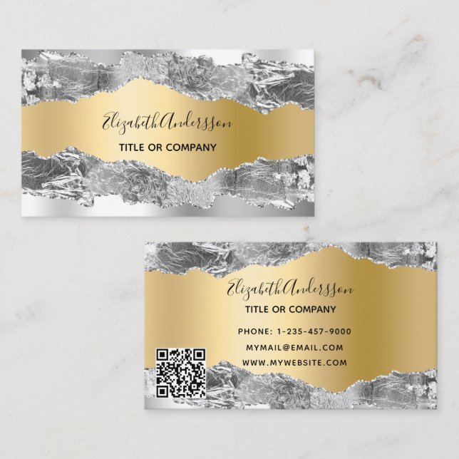 Silver gold agate marble QR code Business Card (Front/Back)