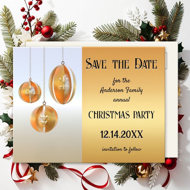 Silver Gold Artistic Christmas Save the Date Postcard (Unique Christmas Save the Date invitation featuring artistic modern gold and silver design baubles)