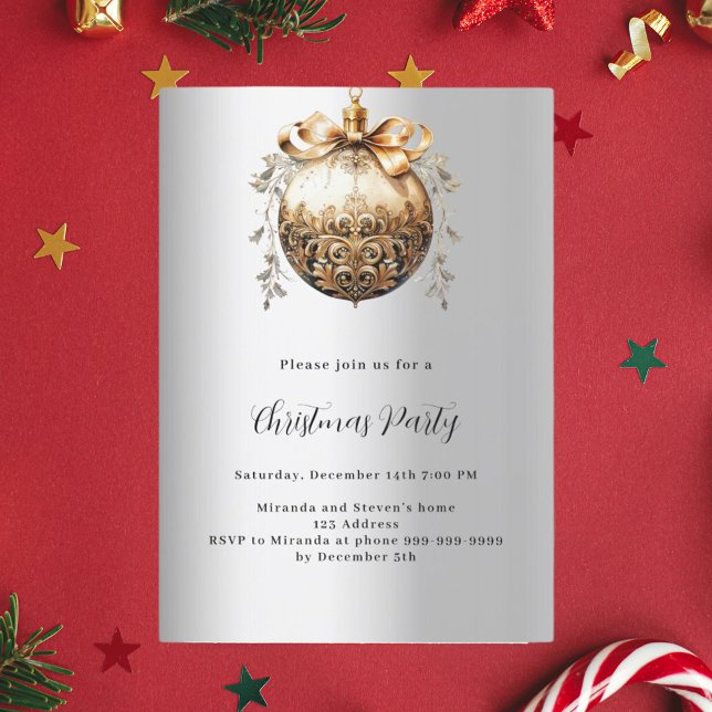 Silver gold bauble vintage Christmas Party Invitation (Creator Uploaded)
