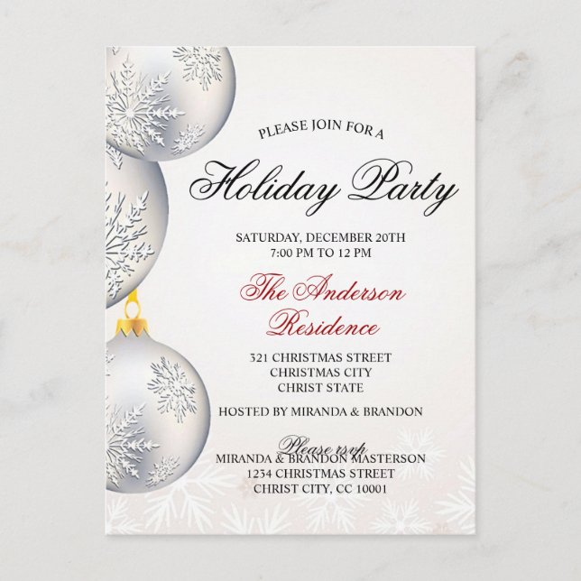 Silver Gold Baubles Christmas Holiday Party Invitation Postcard (Front)