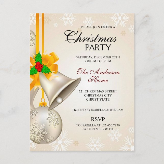 Silver Gold Bells and Baubles Christmas Party Invitation Postcard (Front)