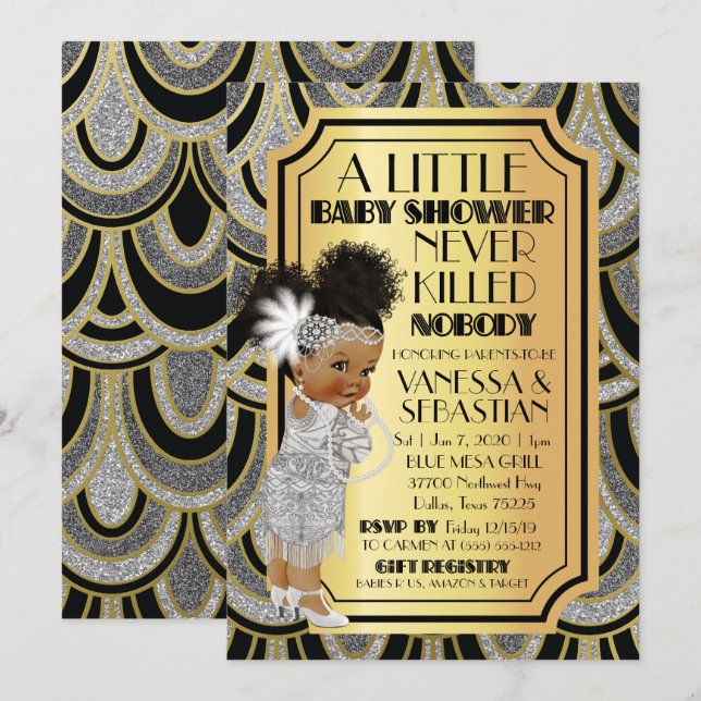 Silver Gold & Black Flapper African American Girl Invitation (Front/Back)