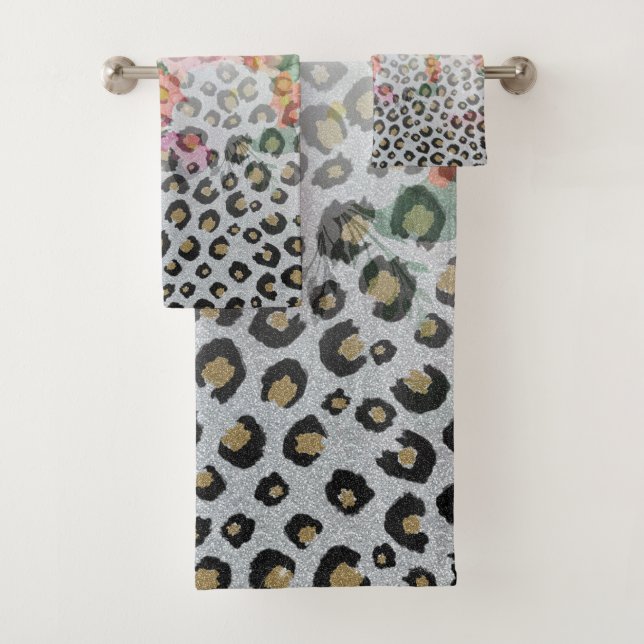 Silver Gold Black Leopard Print Pink Flowers Bath Towel Set (Insitu)