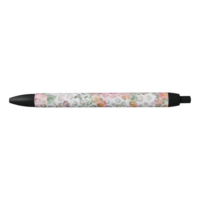 Silver Gold Black Leopard Print Pink Flowers Black Ink Pen (Front)