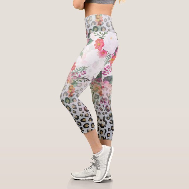 Silver Gold Black Leopard Print Pink Flowers Capri Leggings (Left)
