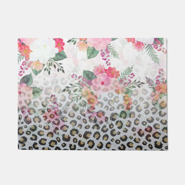 Silver Gold Black Leopard Print Pink Flowers Doormat (Front)