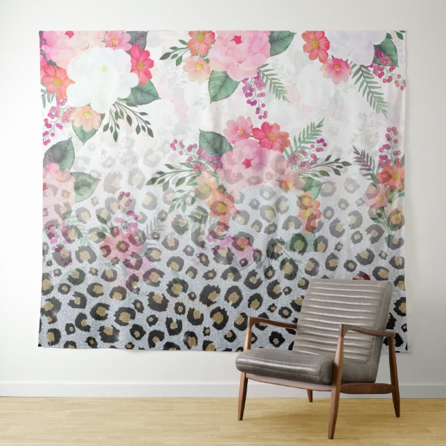 Silver Gold Black Leopard Print Pink Flowers Tapestry (In Situ (Horizontal))