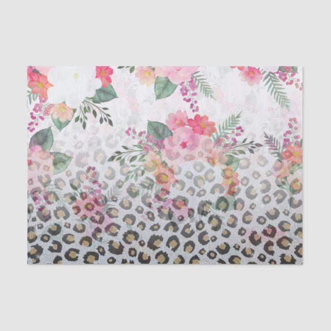 Silver Gold Black Leopard Print Pink Flowers Tissue Paper (Front)