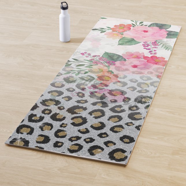 Silver Gold Black Leopard Print Pink Flowers Yoga Mat (In Situ)