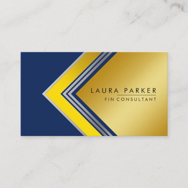 Silver Gold Blue Geometrical Finance Modern Business Card (Front)