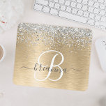 Silver Gold Brushed Metal Glitter Monogram Name Mouse Mat<br><div class="desc">Easily personalise this trendy chic mouse pad design featuring pretty silver sparkling glitter on a gold brushed metallic background.</div>
