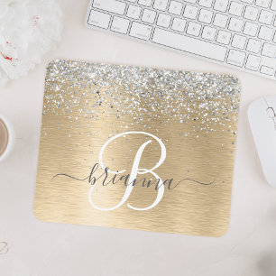 Silver Gold Brushed Metal Glitter Monogram Name Mouse Mat