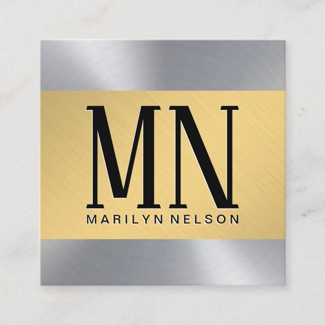 Silver Gold Brushed Metallic | Monogram Square Business Card (Front)
