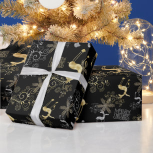 Silver & Gold Christmas Reindeer on Black Wrapping Paper