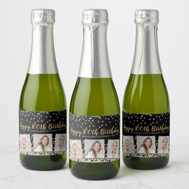 Silver Gold Confetti Photo Collage 100th Birthday Sparkling Wine Label (Bottles)