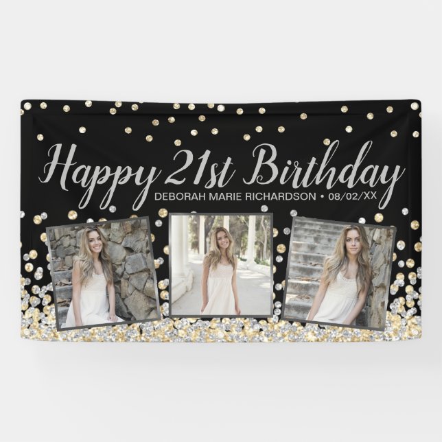 Silver Gold Confetti Photo Collage 21st Birthday Banner (Horizontal)