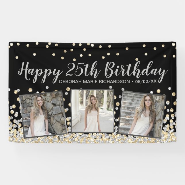 Silver Gold Confetti Photo Collage 25th Birthday Banner (Horizontal)