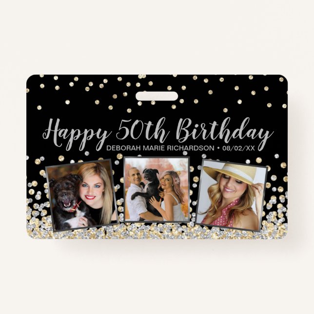 Silver Gold Confetti Photo Collage 50th Birthday ID Badge (Front)