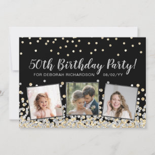 Silver Gold Confetti Photo Collage 50th Birthday Invitation