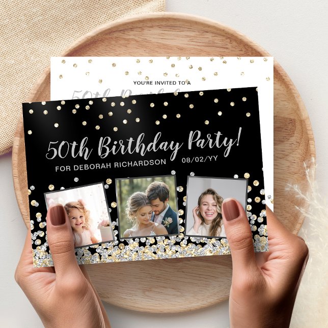 Silver Gold Confetti Photo Collage 50th Birthday Invitation (Silver Gold Confetti Photo Collage 50th Birthday Invitation)