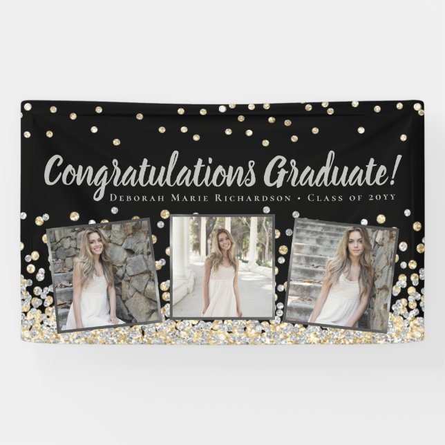 Silver Gold Confetti Photo Collage Graduation Banner (Horizontal)