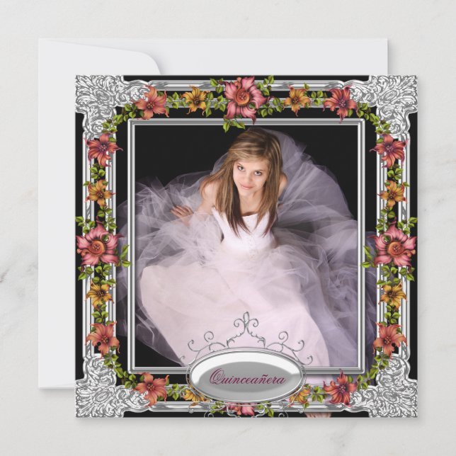 Silver Gold Coral Pink Flowers Photo Quinceanera Invitation (Front)
