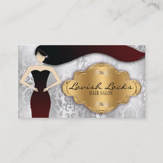 Silver Gold Damask Hair Stylist Salon Business Card (Front)