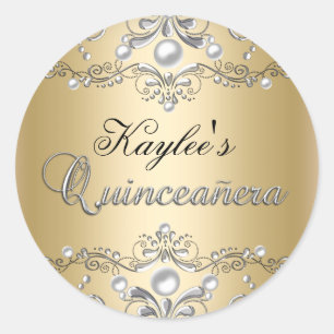 Silver & Gold Damask Pearl Quinceanera Sticker