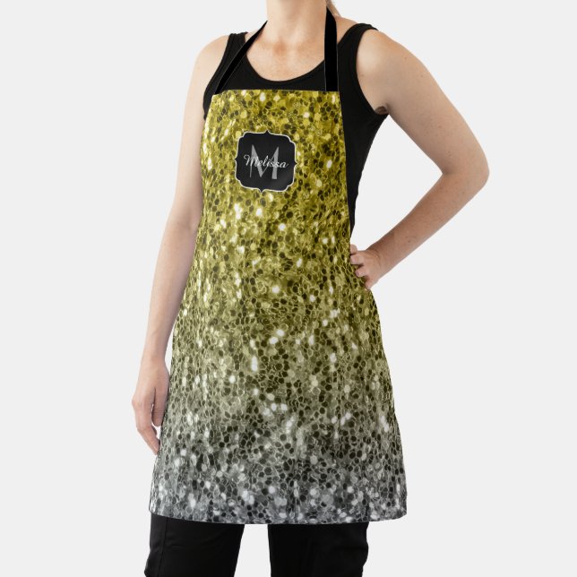 Silver gold dark sparkles glitter ombre Monogram Apron (Insitu)