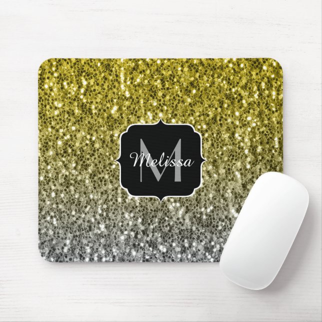Silver gold dark sparkles glitter ombre Monogram Mouse Mat (With Mouse)