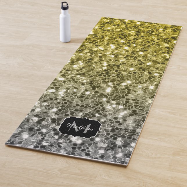 Silver gold dark sparkles glitter ombre Monogram Yoga Mat (In Situ)