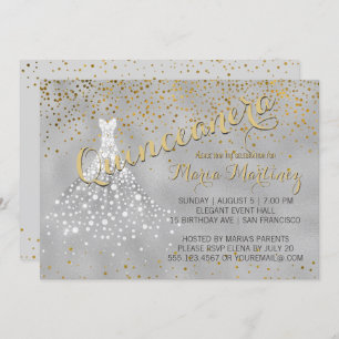 Silver Gold Diamond Dress Quinceanera Invitation