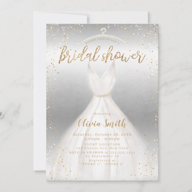 Silver Gold Elegant Wedding Dress Bridal Shower Invitation (Front)