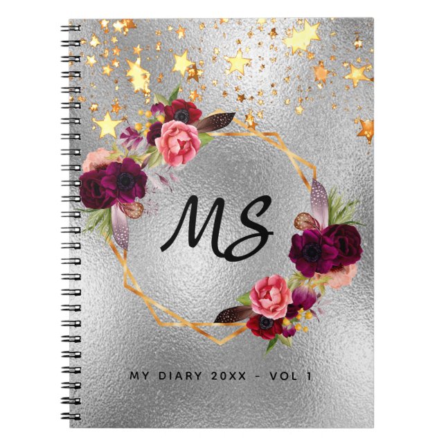 Silver gold floral burgundy monogram diary 2022 notebook (Front)