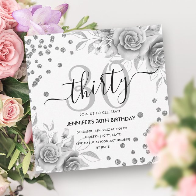 Silver Gold Floral Glitter 30th Birthday Script Invitation (Silver Gold Floral Glitter 30th Birthday Script Invitation)