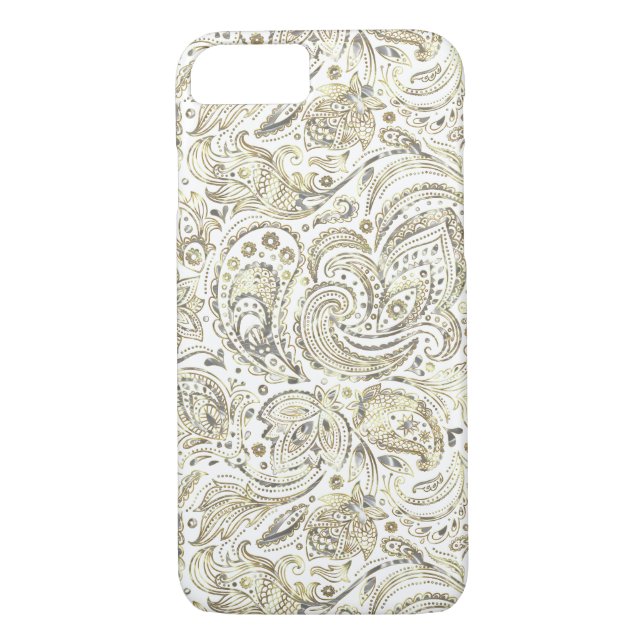 Silver & Gold Floral Paisley Over White Background Case-Mate iPhone Case (Back)