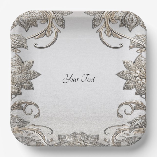 Silver Gold Floral Paper Plate (Front)