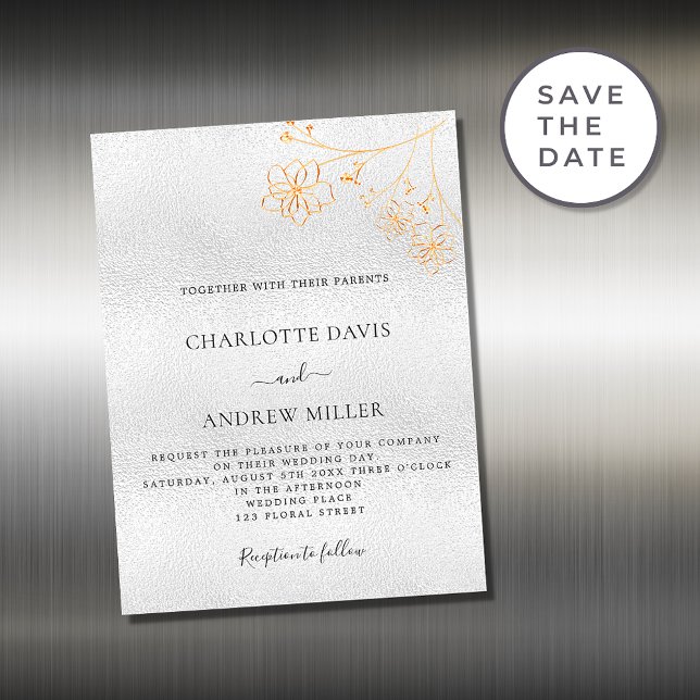 Silver gold floral wedding invitation magnet (Creator Uploaded)