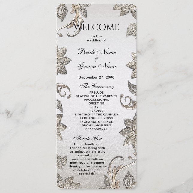 Silver Gold Floral Wedding Program Programme (Front)