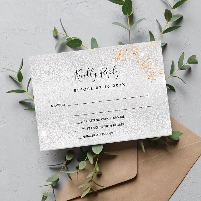 Silver gold flowers wedding RSVP Card (Creator Uploaded)