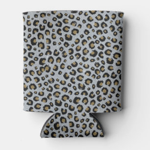 Silver Gold Glitter Black Leopard Print Can Cooler