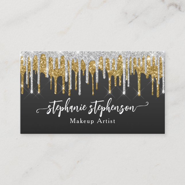 Silver + Gold Glitter Drip Fashion Stylist Modern Business Card (Front)