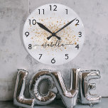 Silver gold glitter dust metal name script round clock<br><div class="desc">A faux silver metallic looking background,  decorated with faux gold glitter dust.  Personalise and add your name written with a trendy hand lettered style script with swashes.
To keep the swashes only delete the sample name,  leave the spaces or emoji's in front and after the name.</div>