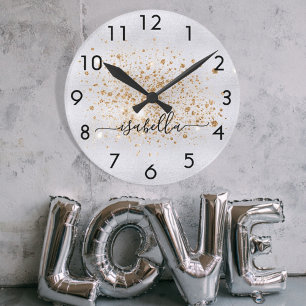 Silver gold glitter dust metal name script round clock