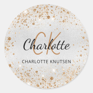 Silver gold glitter dust monogram initials name classic round sticker