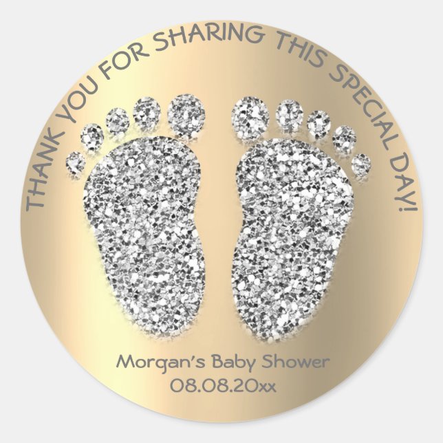 Silver Gold Glitter Feet Baby Shower Favour Thank Classic Round Sticker (Front)