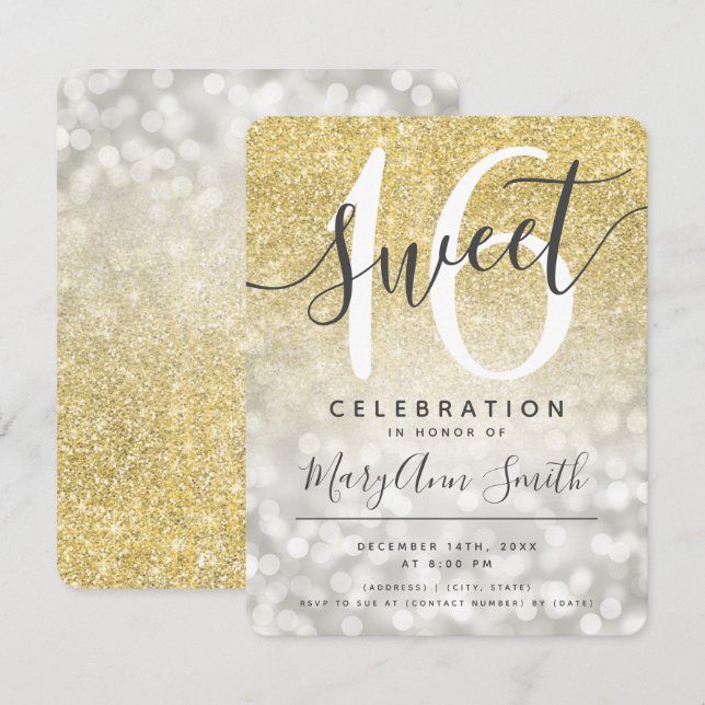 Silver Gold Glitter Glam Lights Sweet 16th Invitation (Front/Back)