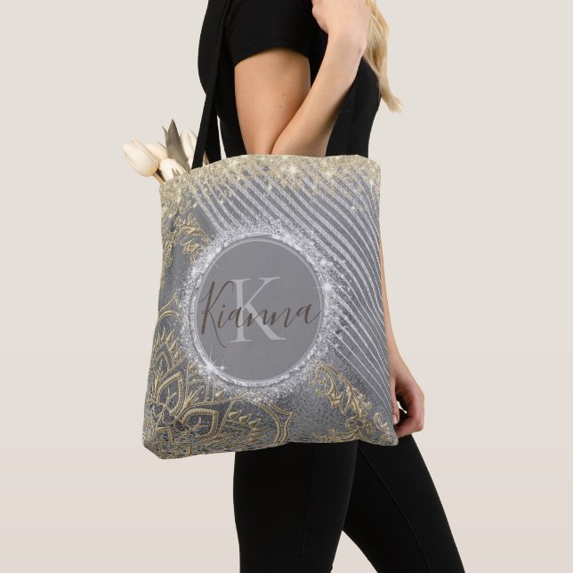 Silver Gold Glitter Lotus Mandala Monogram  Tote Bag (Close Up)